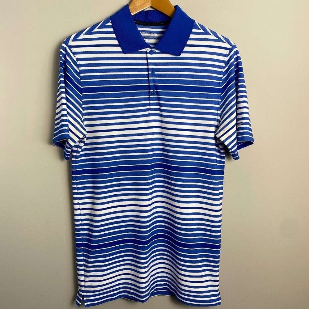 Nike‎ Golf Men's Blue and White Stripe Short Sleeve Activewear Golf Polo Shirt S